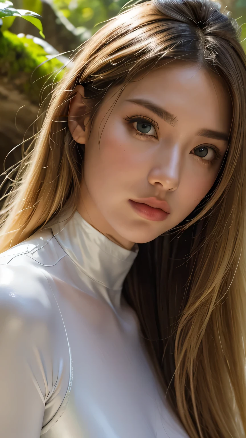 Strong light, Strong contrast, In an open-roofed cave、Sunlight shines through green moss and ferns。,  And open( Sea view:1.1) The bottom, Cel-shaded rendering, 4K,  360 degrees, Equirectangular projection, what, 1girl, Woman in her 20s､A beautiful woman､long blonde hair､White latex leotard､White long boots､white arm cover､masterpiece, 最high quality, high quality, High resolution, (((Face close-up)))