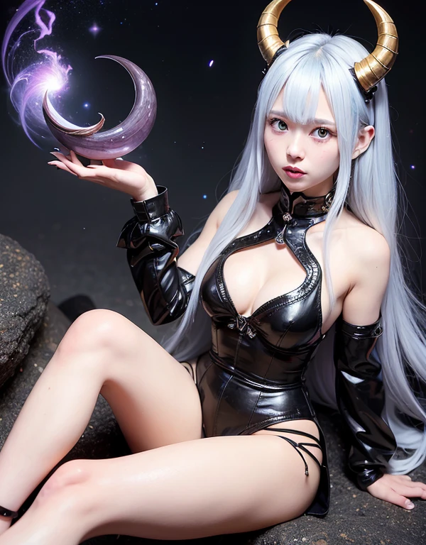 Professional , masterpiece、highest quality、Photo Real , Depth of written boundary 、idol smile、maikurobikini、(White Gemstone Body:1.2)、mysterious expression、(Cleavage)、Jewel Gold Weapon、Particles of light),A huge arsenal of luxurious gold ,(( ドラゴンProfessionalテクター (Realistic:1.4),)) , (Devil's Wings) ,Warhammer 40K 、((Silver hair with a gradation that turns blue towards the ends))、(Devil's Wings)、((Gangl Forest Background))、美しい白people美people、1people、Dynamic Angle,(((Two small, spiral-shaped black horns on the head)))、Small head、idol smile、Slender and beautiful female hands、Cleavage、mysterious expression、Light effects、Intense Combat、Wind effect、magic circle、dragon tail、knees、Toostook、Black lace dress、Slender body