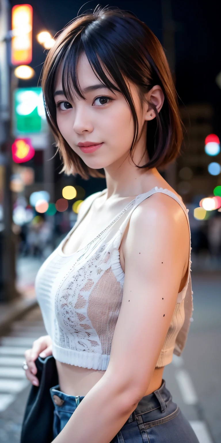 1 Girl, Tokyo Street,night, Streetscape,City lights,Upper Body,close,smile,, (8K, Raw photo, highest quality, masterpiece:1.2),(Realistic, photo-Realistic:1.37),