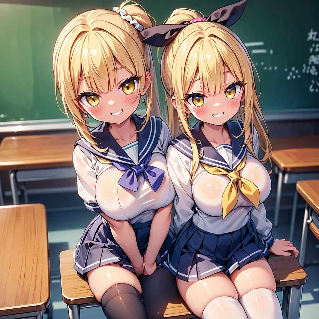 highest quality,wonderful,finely,extremely detailed CG Unity 8K wallpaper, (1 Girl,blonde, Yellow Eyes, Low Ponytail, Scrunchie, Earrings、Wicked Smile), (Grin:1.1), ((Brown Skin:1.2), (huge breasts:1.1),(sailor uniform:1.3), (zettai ryouiki:1.4),Sit on a chair、whole body、taken from above、Classroom Background