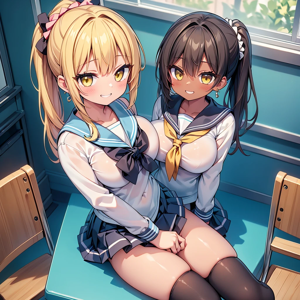 highest quality,wonderful,finely,extremely detailed CG Unity 8K wallpaper, (1 Girl,blonde, Yellow Eyes, Low Ponytail, Scrunchie, Earrings、Wicked Smile), (Grin:1.1), ((Brown Skin:1.2), (huge breasts:1.1),(sailor uniform:1.3), (zettai ryouiki:1.4),Sit on a chair、whole body、taken from above、Classroom Background
