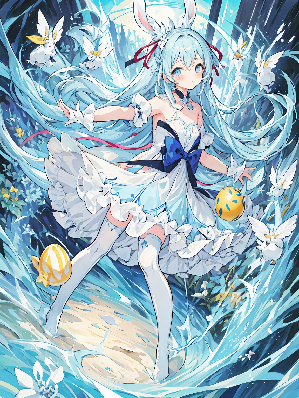 masterpiece, best quality, extremely detailed, (illustration, official art:1.1), 1 girl ,(((( light blue long hair)))), light blue hair, ,10 years old, long hair ((blush)) , cute face, big eyes, masterpiece, best quality,(((((a very delicate and beautiful girl))))),Amazing,beautiful detailed eyes,blunt bangs((((little delicate girl)))),tareme(true beautiful:1.2), sense of depth,dynamic angle,,,, affectionate smile, (true beautiful:1.2),,(tiny 1girl model:1.2),)(flat chest)),
masterpiece, highres, best quality,1girl, hatsune miku, smile, alice in wonderland, dress, (forest), (flowers:0.8), (butterfly:0.6), (bunny ears), fairy tale, mushroom, atmospheric, basket, easter eggs, ((striped stockings)), red ribbons