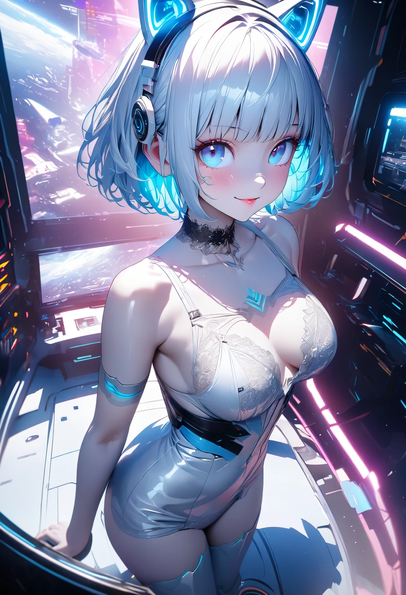 (masterpiece:1.3), (8K、best quality:1.3), (Photorealistic Anime Girl Rendering, ((Draw the outline with a line drawing)), Realistic anime 3D style), (1 girl), (very beautiful girl), (cute, little:1.3), Symmetrical perfect face, Beautiful light blue bob cut, bangs, intense blue eyes, Eye-catching highlights, Realistic eyes, Beautiful eyelashes, Great smile, Accurate and natural normal size breasts, Perfect Anatomy, Glowing Skin, Highly detailed skin, Silver metallic sleeveless dress, Lace ornament, Exposed shoulders, Decorative choker, Silver long boots, Silk lace bra and panties, Light blue cat ears, Sleek and futuristic headphones, Take a seat in a futuristic space shuttle, Dynamic Angle, Cyberpunk Background, The cockpit instruments and monitors light up., Volumetric lighting, Soft Light, bright, neon, bright色, Create digital artwork in pop art style