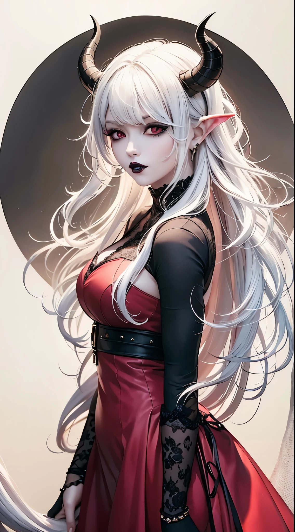 (masterpiece), (great quality), dnd, fantasy, single, solo, 1 mature woman with perfect body, pale and delicate skin, (((long white hair with bangs))), perfect red eyes, long ears and pointy, perfect face, black lipstick, beautiful lips, eyeliner, gothic makeup, wearing a very refined and beautiful conservative medieval dress, character has a pair of symmetrical black horns on top of the head, tiefling, medium breasts, character has a long tail skin color, perfect tail, ((blank white background)), simple background.