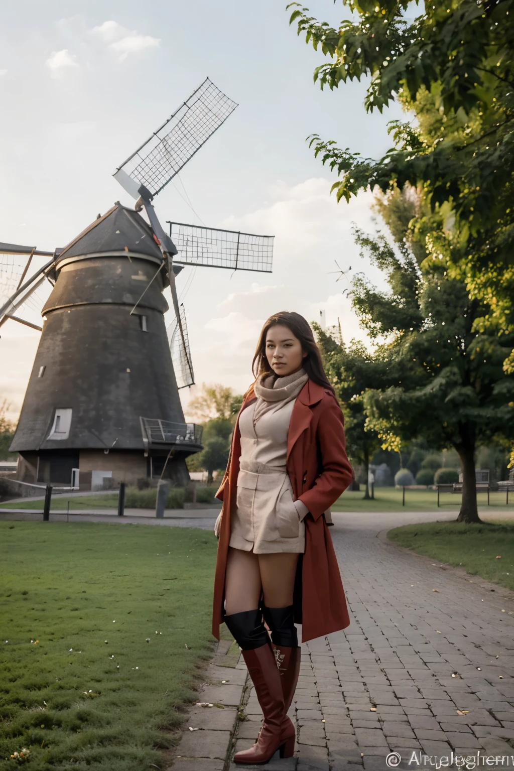 a beautiful Indonesian woman aged 24 years, ideal body wearing a red coat, scarf and high boots, posing like a model in front of an arafed windmill with people standing around her in the park, Dutch windmill Gundam, windmill, with a figure in the background, dutch style, windmill, leaked pictures, pose!!, mu pan, mill, by Maria van Oosterwijk, dutch, by Hugo van der Goes, holiday photos, Dutch masterpieces, by Eugeen Van Mieghem