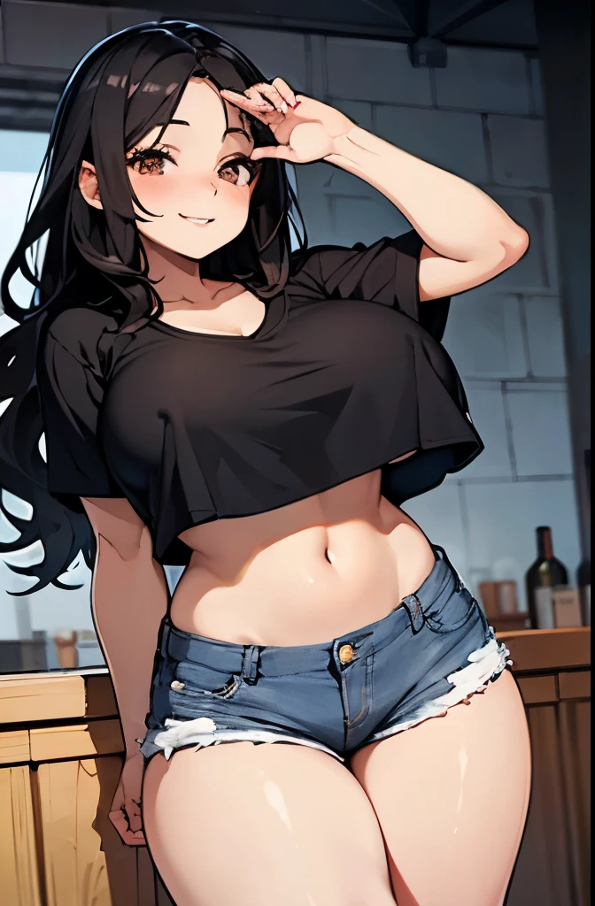 (best quality, masterpiece:1.2), Sketch full view of a hot looking fair skin 29 year old woman standing in front of us. She has brown eyes and wavy long black hair. She has big breasts, playful smile. lips parted. She has a nice curvy physique. She is wearing a wet crop top and lowrider shorts. Underboob showing. A bar background. Shading. Lighting. Dynamic pose.