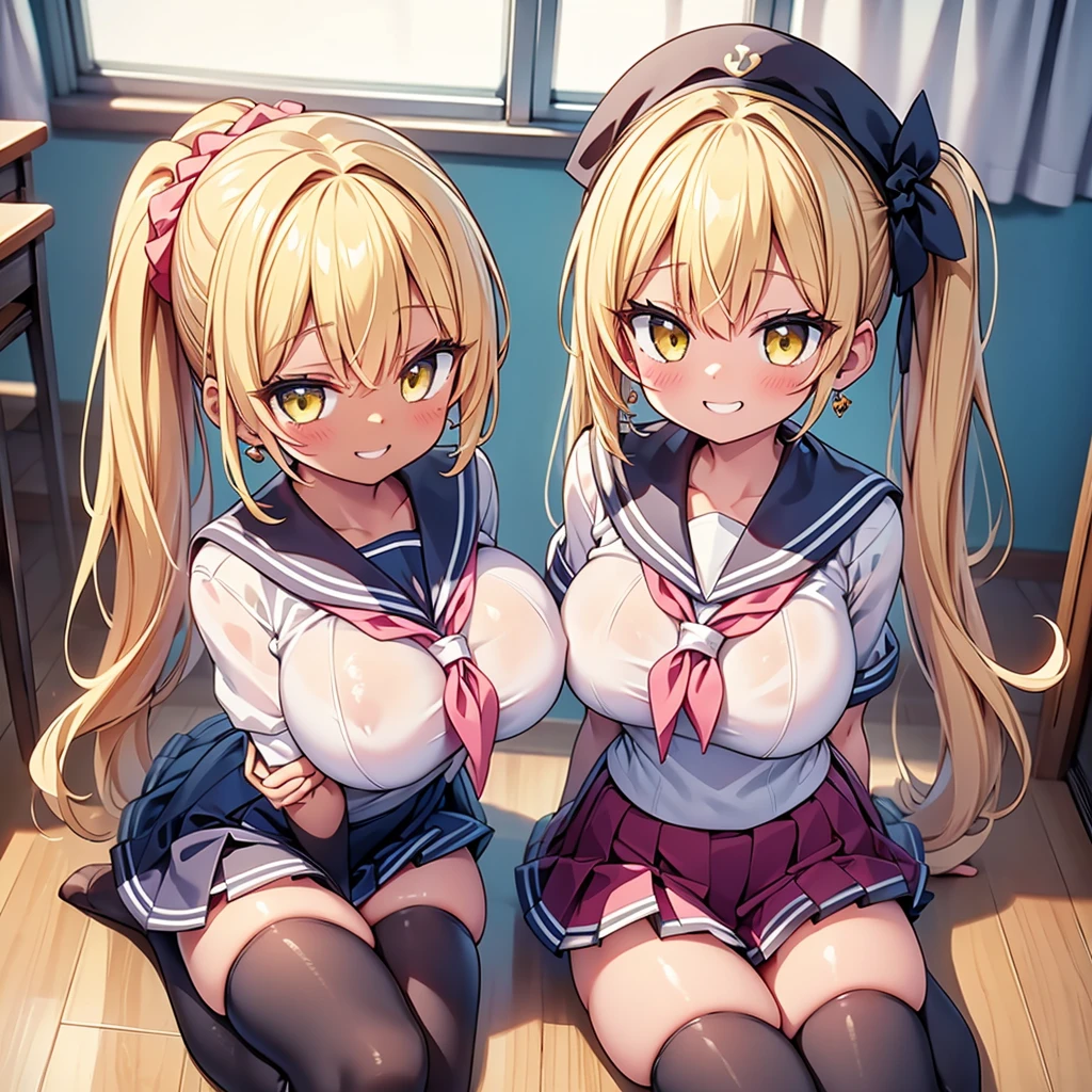 highest quality,wonderful,finely,extremely detailed CG Unity 8K wallpaper, (1 Girl,blonde, Yellow Eyes, Low Ponytail, Scrunchie, Earrings、Wicked Smile), (Grin:1.1), ((Brown Skin:1.2), (huge breasts:1.1),(sailor uniform:1.3), (zettai ryouiki:1.4),Sit on a chair、whole body、Taken from above、Classroom Background