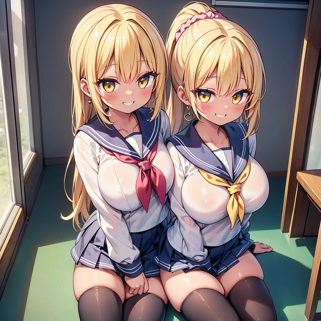 highest quality,wonderful,finely,extremely detailed CG Unity 8K wallpaper, (1 Girl,blonde, Yellow Eyes, Low Ponytail, Scrunchie, Earrings、Wicked Smile), (Grin:1.1), ((Brown Skin:1.2), (huge breasts:1.1),(sailor uniform:1.3), (zettai ryouiki:1.4),Sit on a chair、whole body、Taken from above、Classroom Background