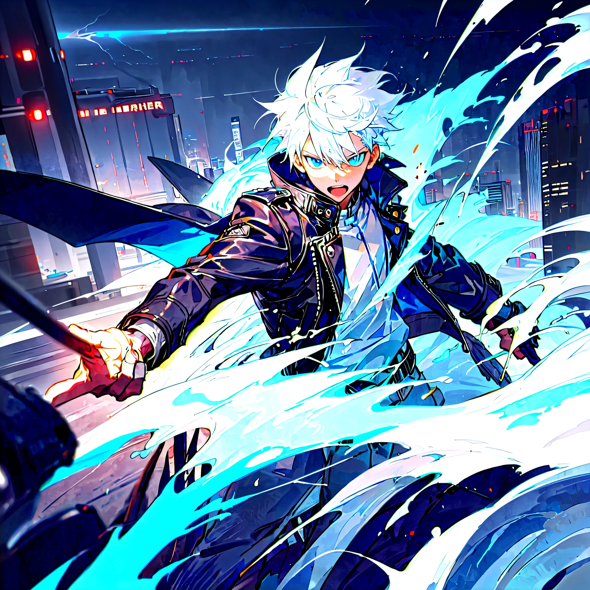 Boy with a white hair, blue eyes leaving a trail of energy, leather jacket and storm power in the night city in 8k