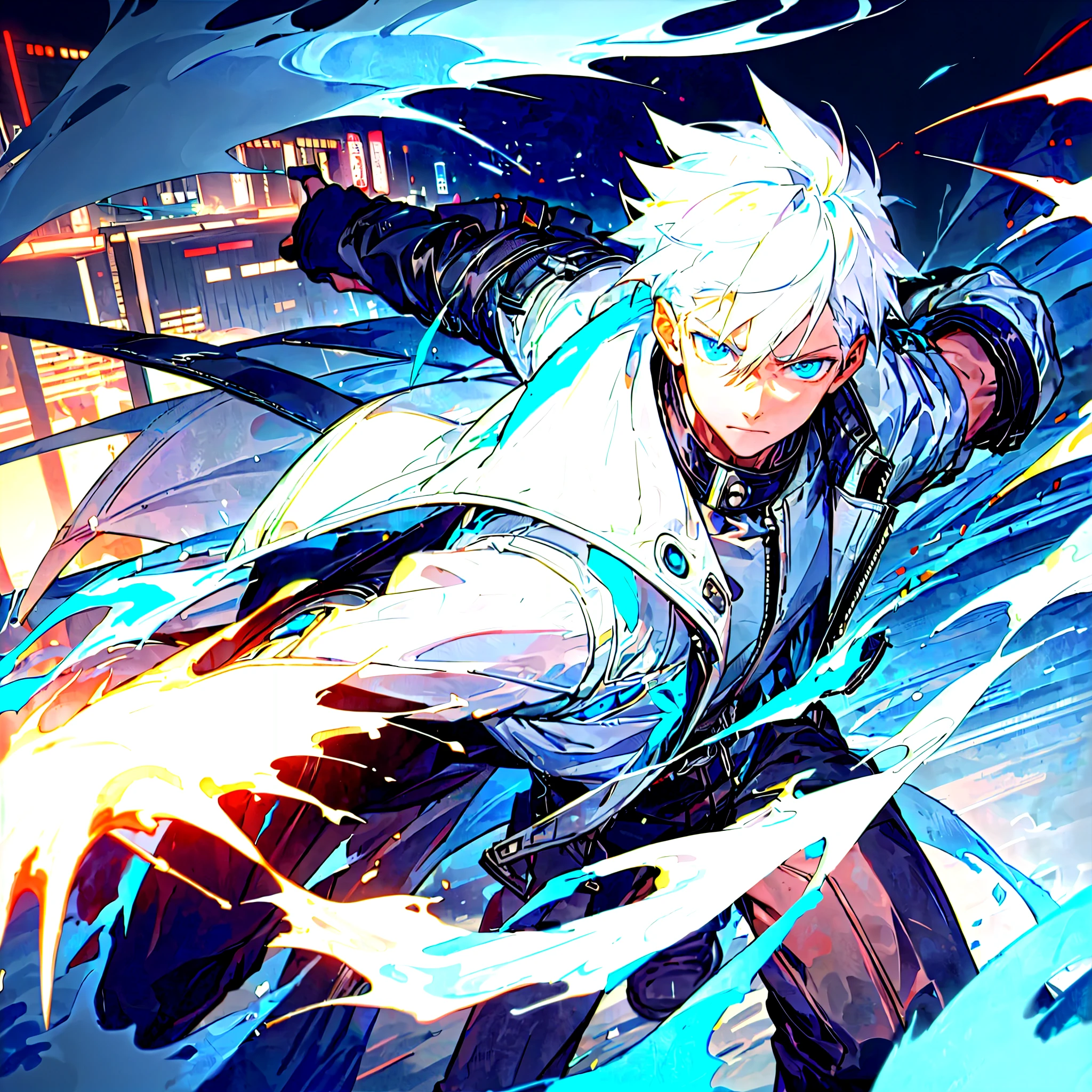Boy with a white hair, blue eyes leaving a trail of energy, leather jacket and storm power in the night city in 8k