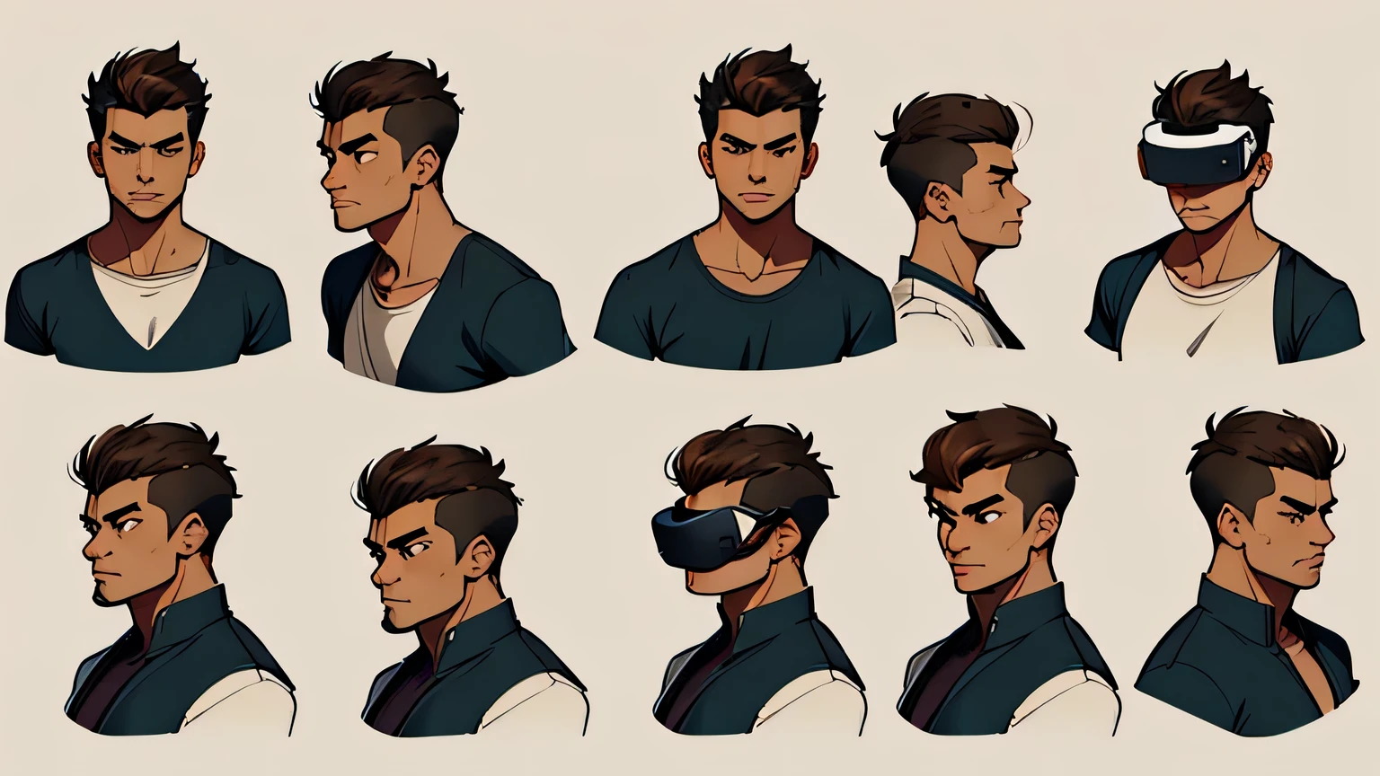 Male original character reference sheet adoptable, 1 asian guy, very short hair, shaved sides, light brown skin color, t-shirt, ((wearing vr headset)), ((VR headset))