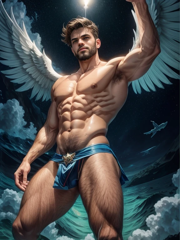obra de arte, melhor qualidade, high resolution, retrato em close, macho focus, foco apenas, muscular, corpulento, peludo, macho, um homem, em um mar, with half the body submerged in water, behind a starry sky with a moon in the center, amazing composition, vista frontal, HDR, volumetric lighting, ultra qualidade, elegante, altamente detalhado