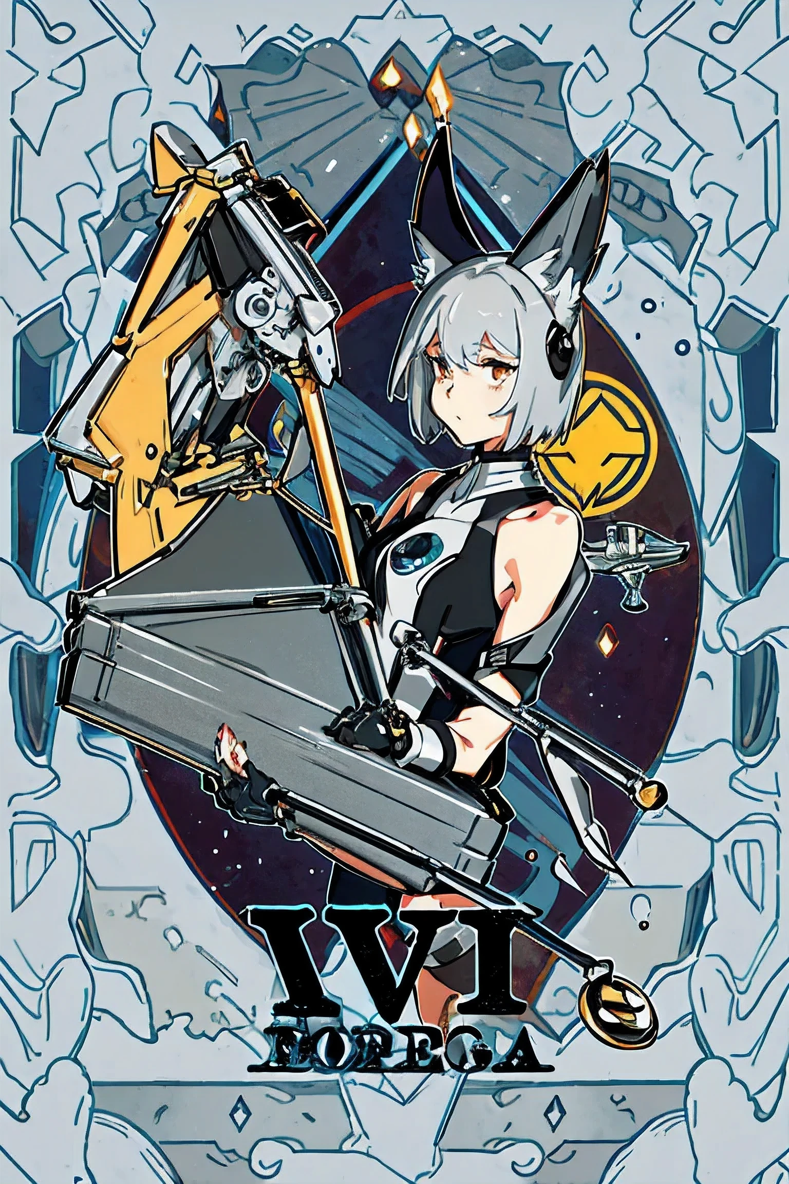 8k, 1 Girl, Animal ears, {{{grey}}}, {{tall}}, {{{Mechanical legs}}}, {Fishing rod}, {coffin}, eldest sister, Standing, Expression of indifference, Medium to short hair, {{{whole body}}},