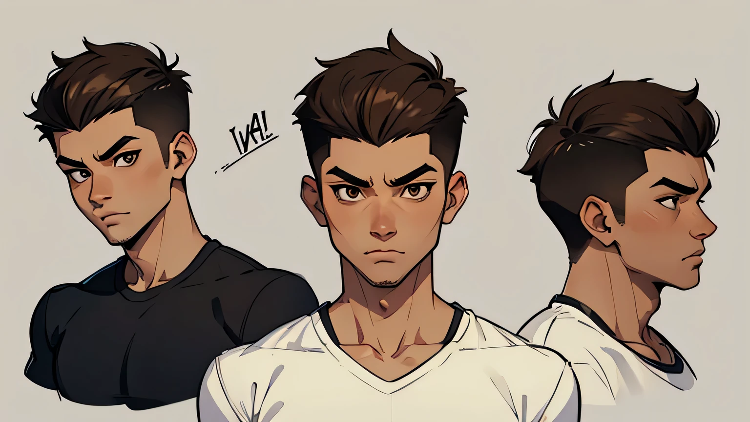 Male original character reference sheet adoptable, 1 asian guy, very short hair, shaved sides, light brown skin color, t-shirt, wearing vr headset