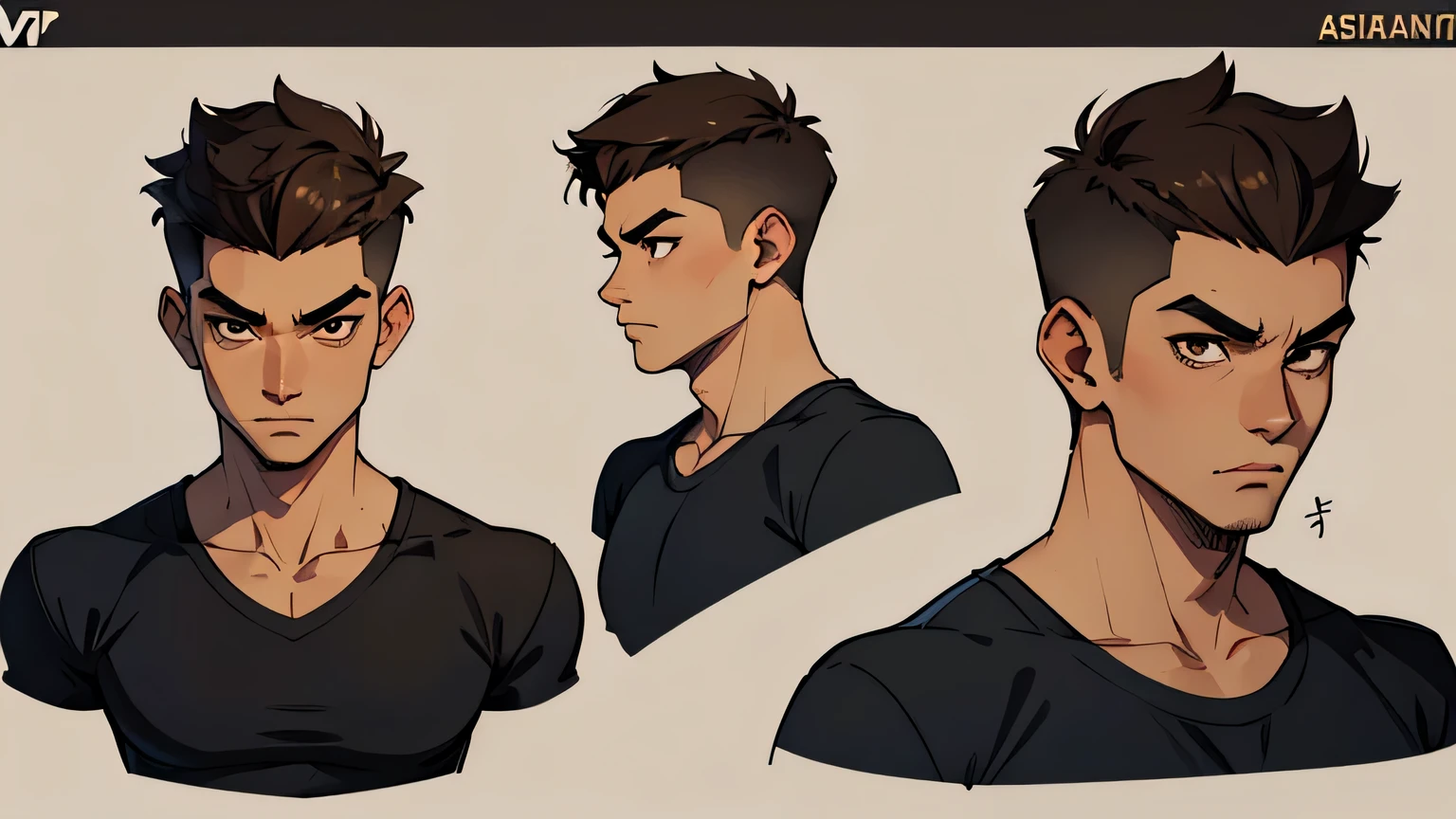 Male original character reference sheet adoptable, 1 asian guy, very short hair, shaved sides, light brown skin color, t-shirt, wearing vr headset