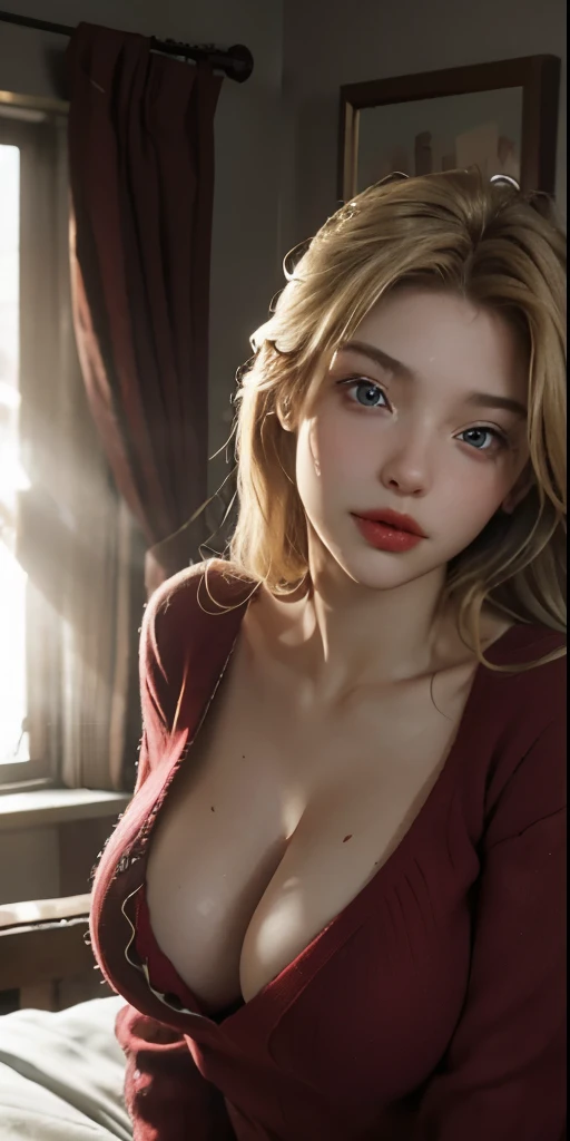 Realistic depiction of a  wearing a red sweater, her facial features enhanced for a more captivating look. Chest area super zoomed, showcasing her cleavage in great detail. Her blonde hair cascades down her back, framing her blue eyes that are now blushing from the shy provocation. With a seductive smile, she looks up from below, her red lips parted, inviting the viewer for a closer inspection. The scene takes place in a cozy bedsit, the warm ambiance casting soft shadows on her sweaty face, making every detail pop in the ultra high-resolution image. In this realistic and sexy portrait,