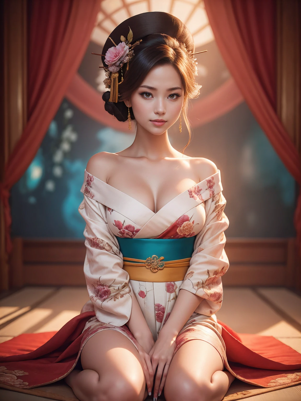 (masterpiece, highest quality:1.3), High resolution, (Traditional Media), 2D, manga, Fantasy, Oiran, Cowboy Shot, (Very detailed), 美しい女王のVery detailed肖像画, Sitting, Pause, curvy, (One girl), ((lips)), Mature Woman, Fascinating, elegant, stylish, humid, sexy, Grin, View your viewers, (kimono), kimono, Off the shoulder, Wide sleeves, (Hairpin), (has a fan:1.2), Manicure, Flowers, geisha, compensate, (Fine grain:1.2), Focus Face, print kimono, sash, Cinematic, Dynamic posture, Wide Shot, Dramatic lighting:1.1, vivid, (Gradation), Sandals, nature, (Perfect Face), (Oil paper umbrella background, Perfect symmetry), Sharp focus, warmth, Particles of light, (Depth of written boundary), (Intricate details:1.2), (Very detailed背景), East Asian architecture, soft shine:0.7. (colorful)
