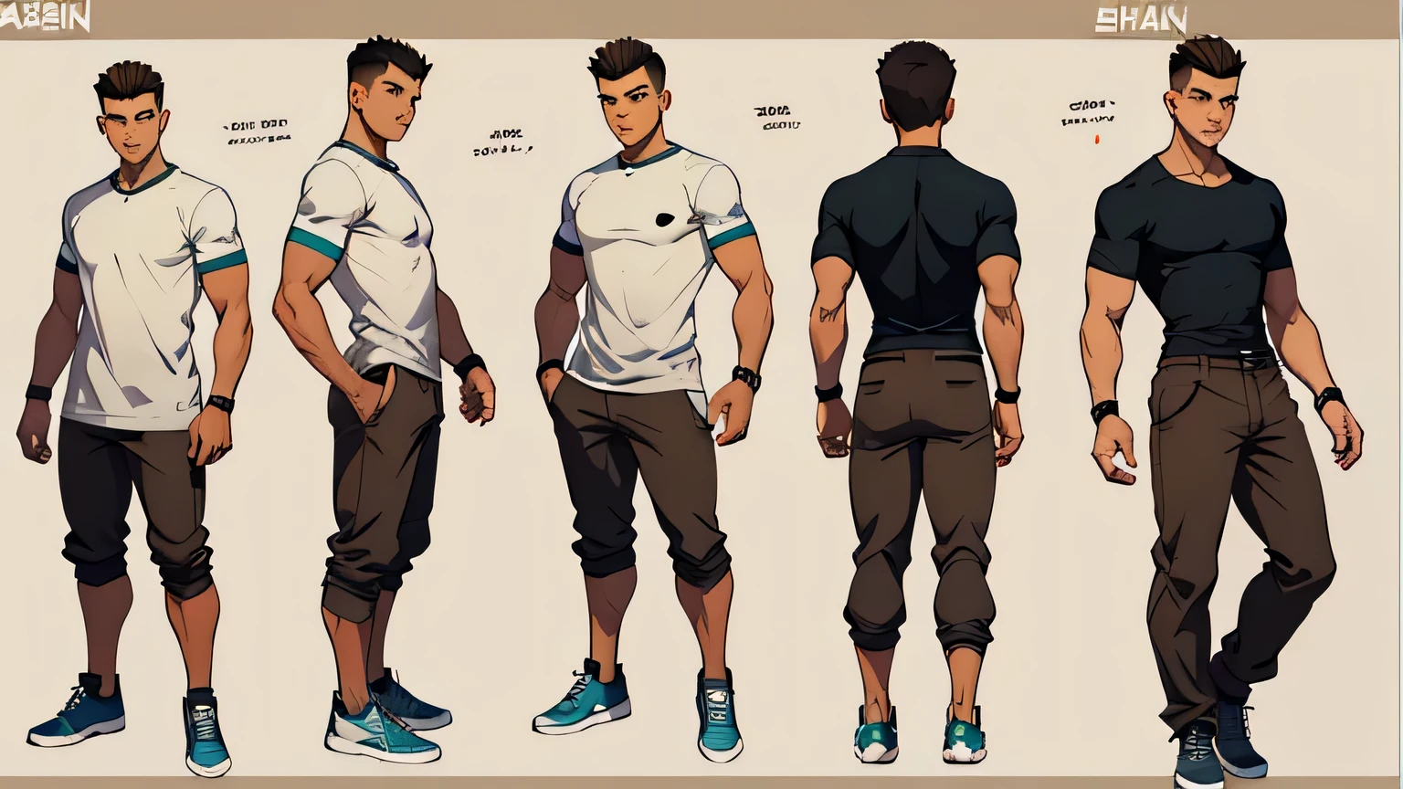 Male character reference sheet adoptable, 1 asian guy, very short hair, shaved sides, light brown skin color, t-shirt, sneakers, pants