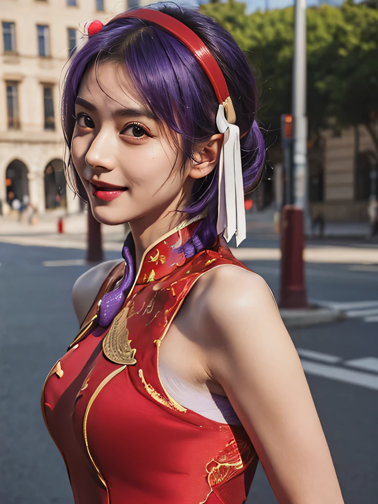 (masterpiece, best quality:1.4), (whole body), (upside down), 1 Girl, Solitary, purple hair, stunning girlfriend, (permanent:1.1), 1 Girl, Solitary, athena, Headbands, Chinese clothes, Red Dress, Gloves, Hair accessories , Bare shoulders, heart shaped face, Elegant face, Pretty Face, The face is rich in detail, Delicate eyes, Very delicate skin, skin pores, Subsurface scattering, Practical pupils, Mid-chest, sexy smile, Detailed background, Depth of Field, atmospheric perspective, Volumetric Lighting, Sharp focus, absurd, Practical proportions, Good anatomy, (Practical, hyperPractical:1.4), 16K HDR,