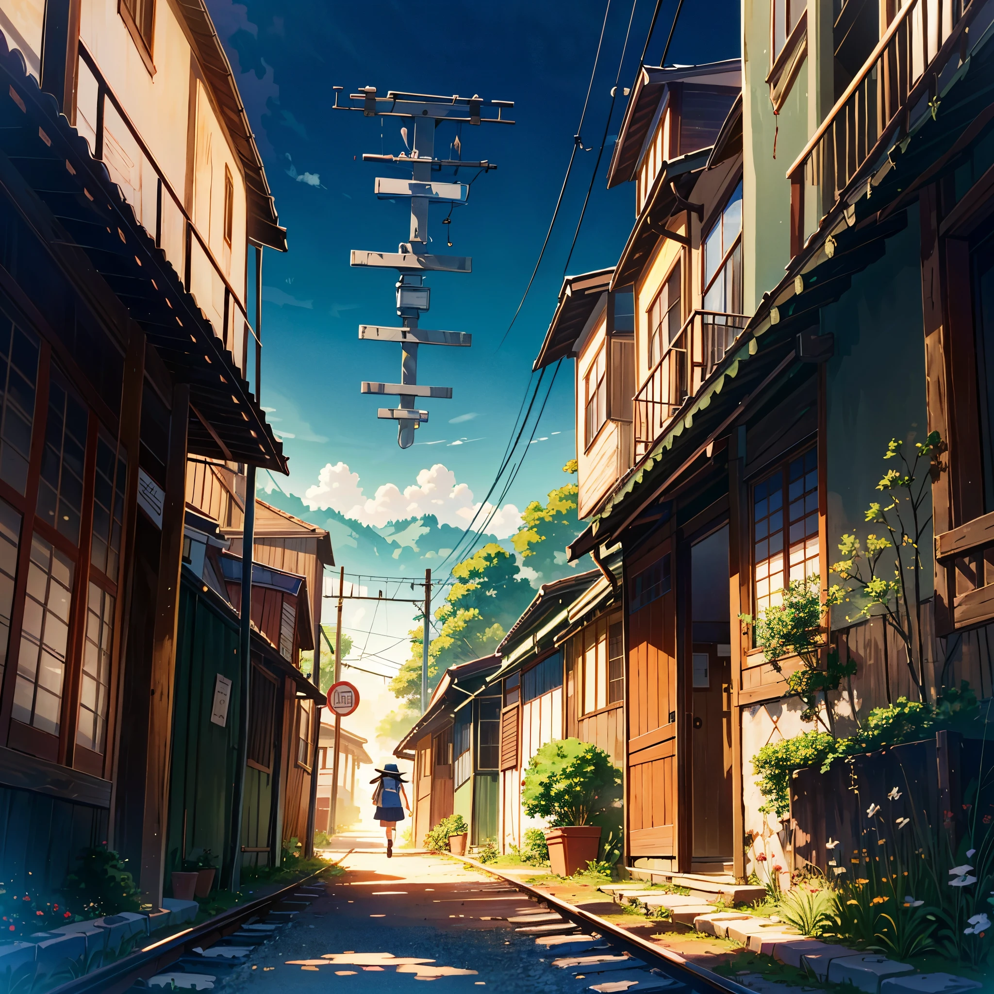 Anime style, Ghibli touch, mysterious atmosphere, old buildings from the early Showa period, a rural village, a train running through a mine, {{((Little girl in One Piece, boy wearing a hat))}}}