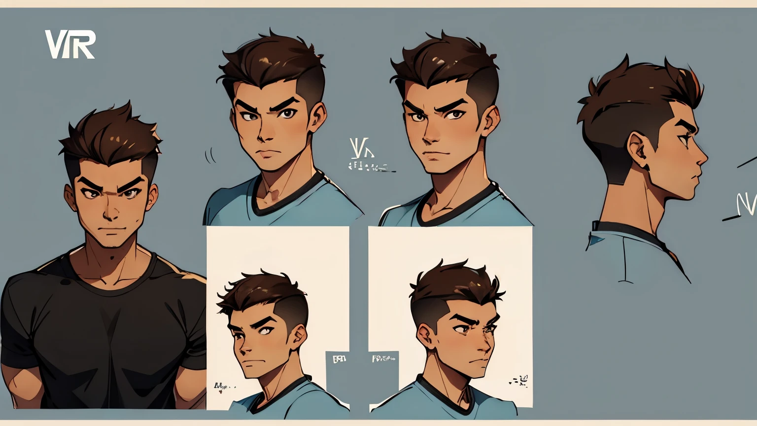 Male original character reference sheet adoptable, 1 asian guy, very short hair, shaved sides, light brown skin color, t-shirt, ((wearing vr headset)), ((VR headset))