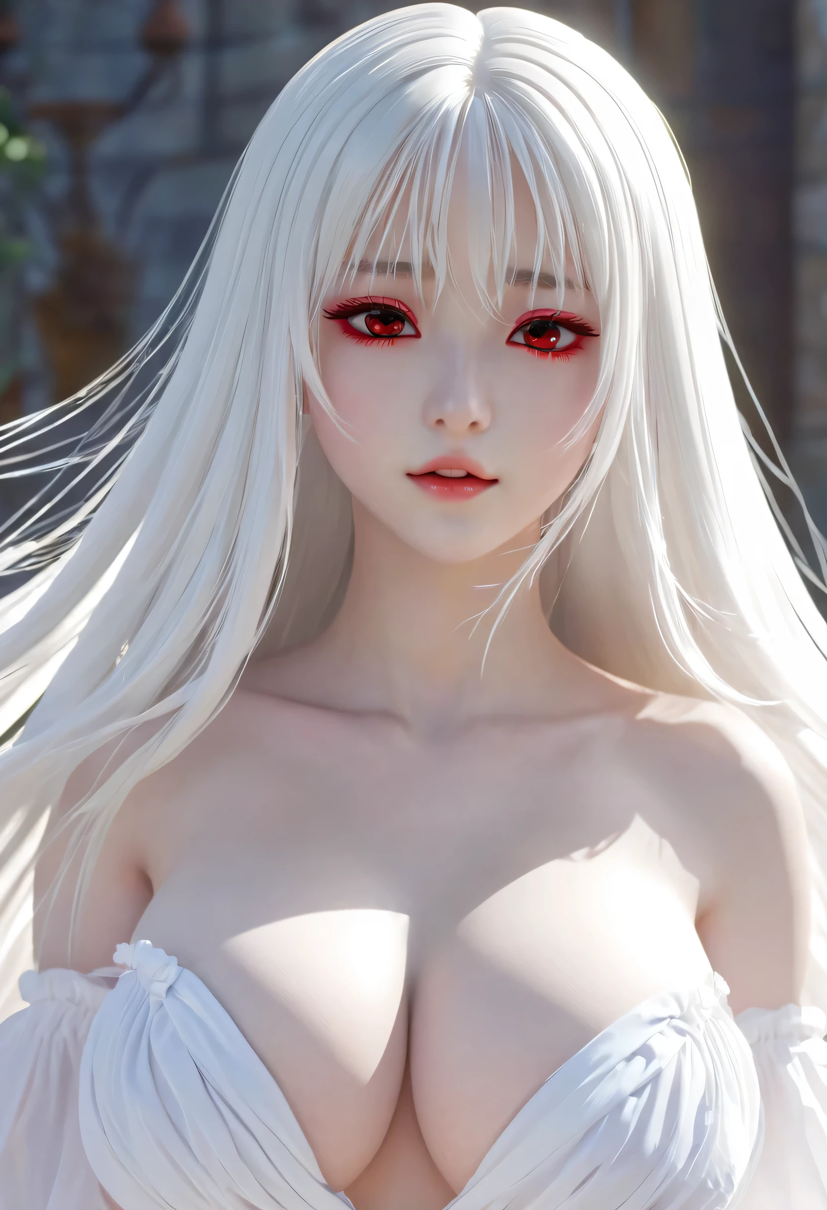 18-year-old female,Milky white long hair,Red Eyes,Long eyelashes,Unbelievably huge breasts,((3D anime style)),Fleeting,Eyes downcast,A revealing white dress,