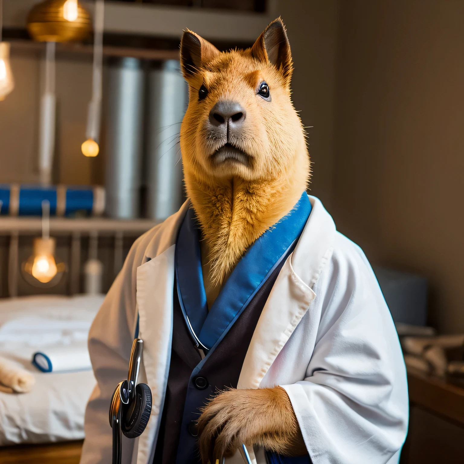 Cute Capybara wearing doctors robe with stethoscope 