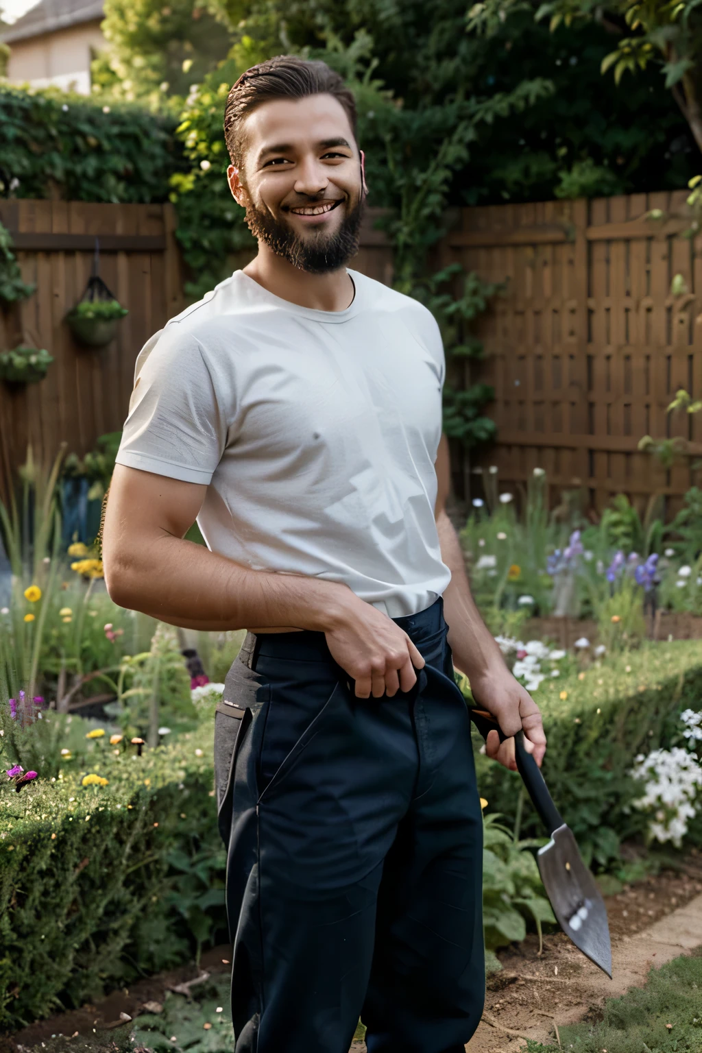 Young man, about 30 years old with a beard in the work clothes of a gardener, holding small rakes in his hands, shovel for loosening, A smile on his face, He is happy, he is in the garden , around the beds, vegetables, he stands in a relaxed position