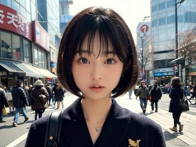 Realistic, 8k, Beautiful woman, Attractive look, Clear system, short hair, bob cut, 20-year-old, Tokyo, winter, Shibuya in the background