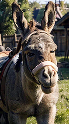 Create the image of an animal character. ((donkey)), ((smiling)), Wearing a red t-shirt and with grass in his mouth.
