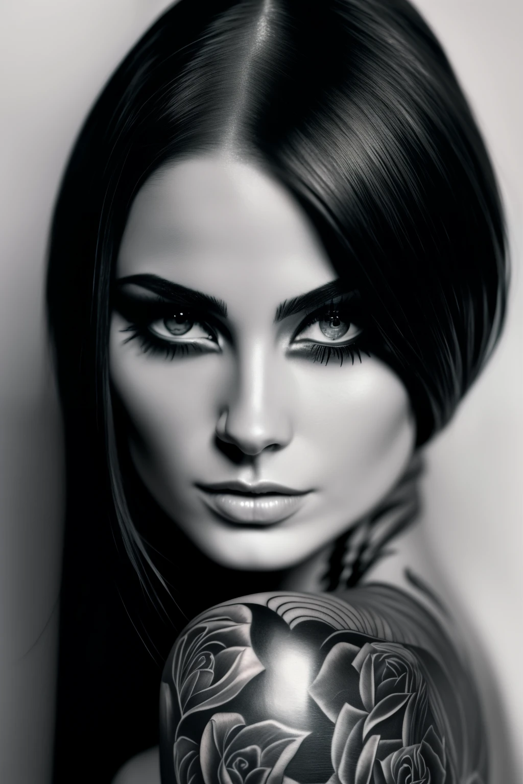A chicane woman with an alluring allure is depicted in this monochromatic masterpiece, with intricate black and gray tattoo art gracing her skin. Her makeup, striking in its contrast, complements the sharp, defined lines of her tattoos. The woman's intense gaze exudes confidence and mystery. The image, with a pristine white backdrop, emphasizes the bold contrasts between light and shadow, creating a captivating and exquisite black and white artwork. The detail in this high-resolution image is truly remarkable, with each line and curve meticulously rendered in exquisite detail, making it a must-have for any art collection.