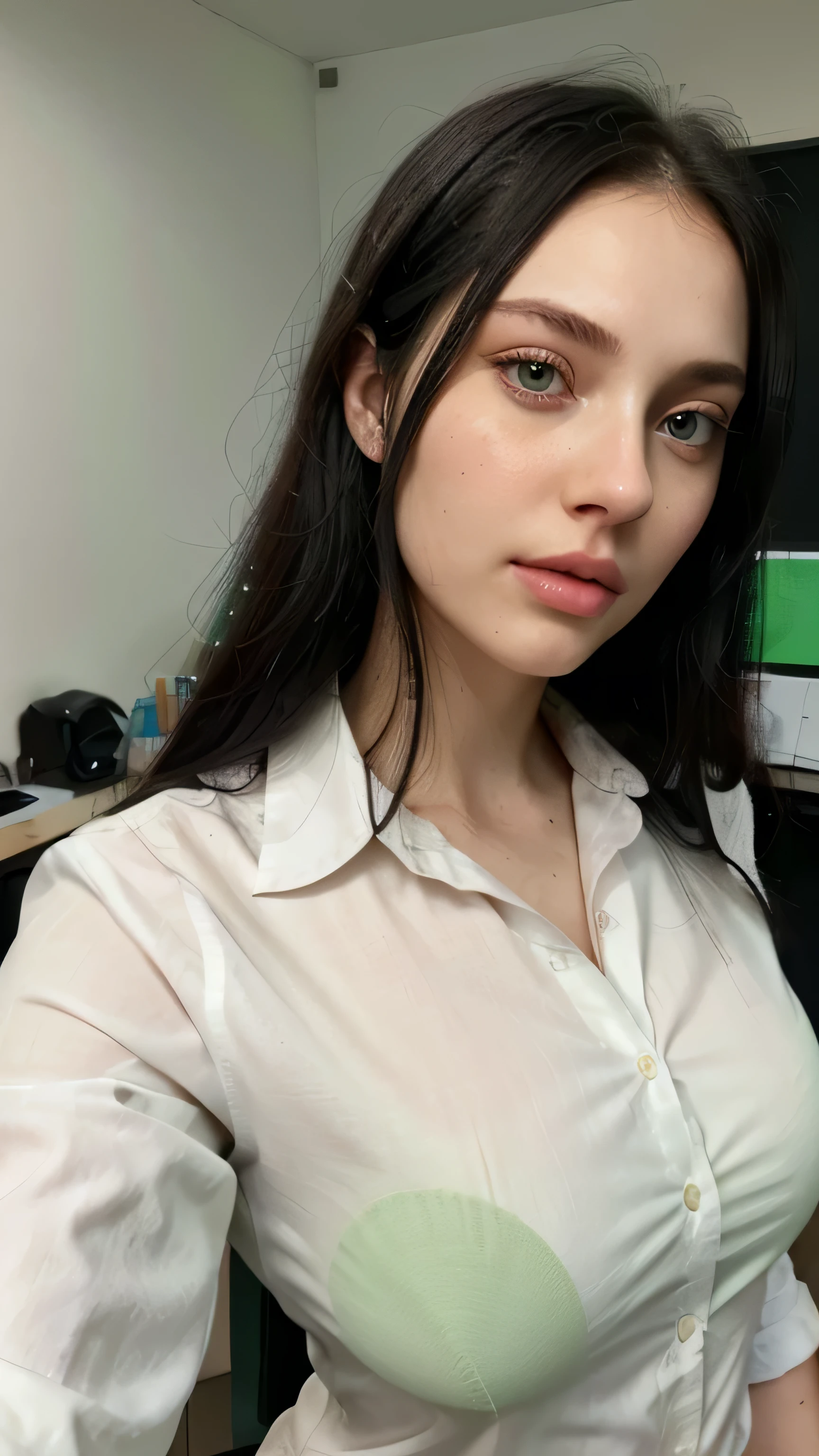 Woman with long natural black hair, (perfect skin, Hultra detailed skin, best quality), perfect face, (white Men's formal shirt), (Perfect soft green eyeballs of the same size), Natural makeup, (traits similar to those of lana rhoades), perfect selfie, perfect skin, closeup, In the office