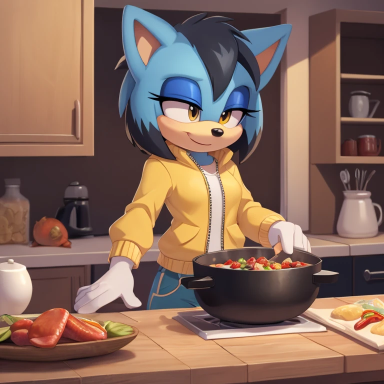 ((Masterpiece, humanoid hands)), hi res, detailed, detailed background, vibrant lighting, high quality, cartoon style, 2d, (mobian:1.1), solo, 1girl ADDCOMM inside, kitchen, cooking, ADDBASE (blue mobian hedgehog), blue body fur, (blue head spikes, black highlights:1.3), three tails, yellow eyes, lean body, small breasts shy blush, smile, closed mouth, half-closed eyes buffed up yellow jacket, closed zipper, no sleeves, short yellow pants, yellow shoes front view
