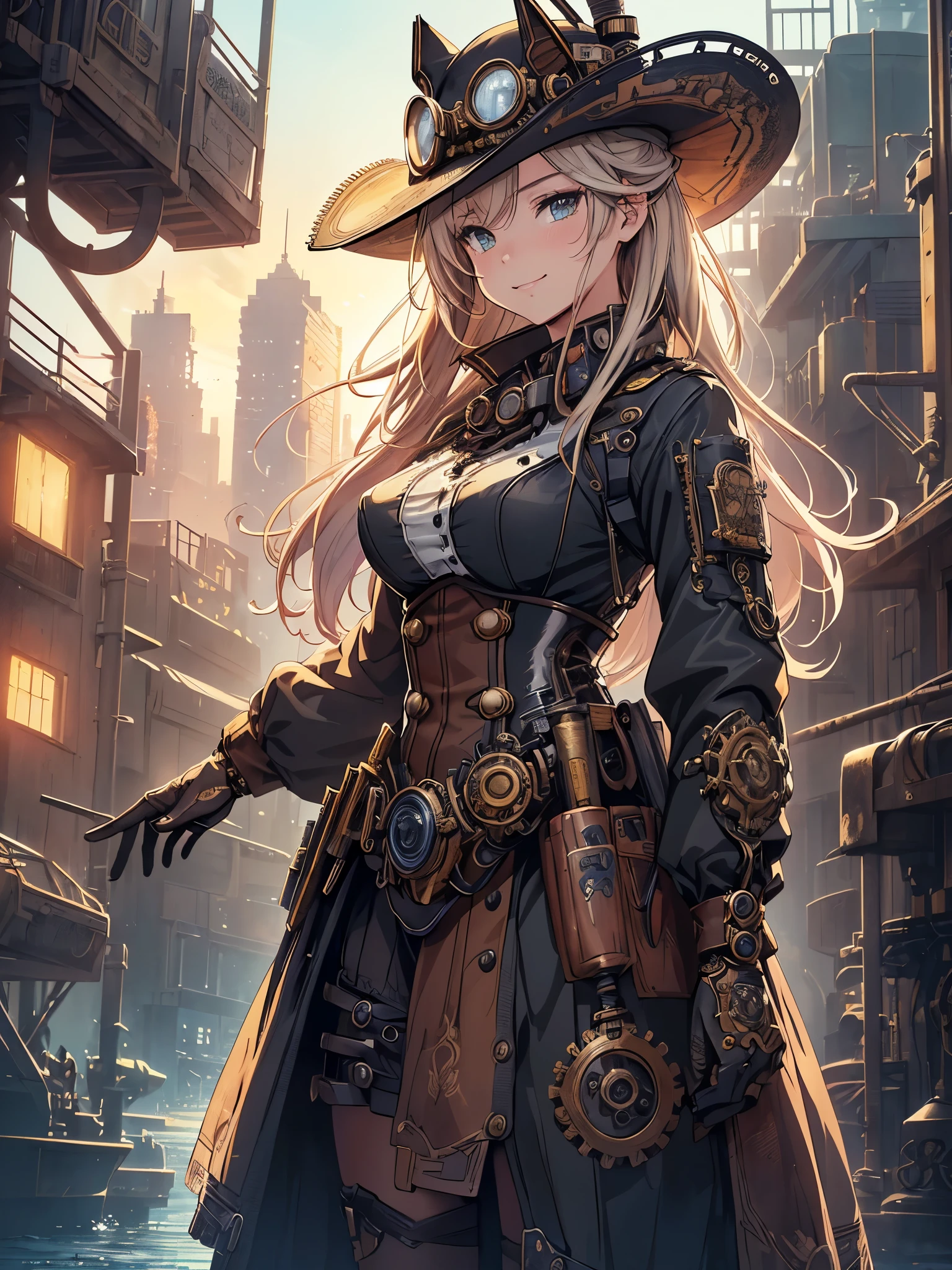 (Line art_anime),(Cowboy Shot,Low - Angle, highest quality, ),(Laura Budd Photos:1.2),(Laura Add Details:1.0),8K, Flat Color:0.8,1 girl,smile,(Highly decorative and complex mechanical steampunk fashion, lace flare dolphin hat、goggles 1.5、machinery background、Gear background、Intricately mechanized steampunk cityscape 1.5),