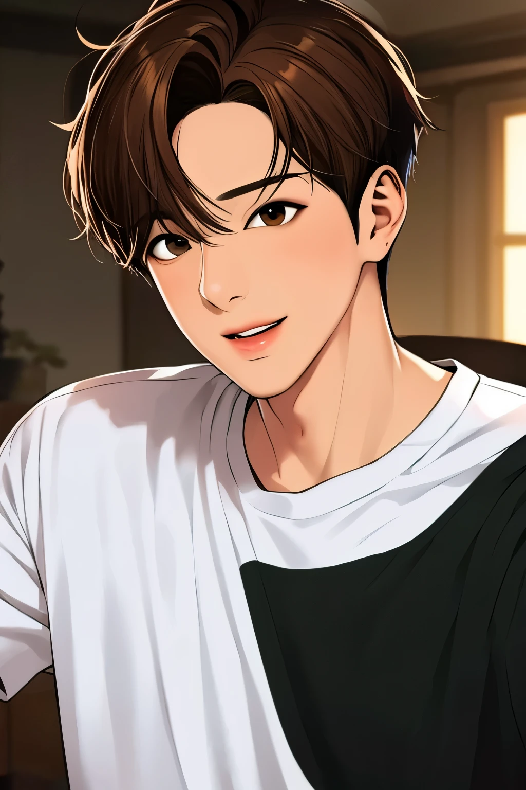 1 boy, light brown hair, brown eyes, sharp features, white skin, t-shirt 