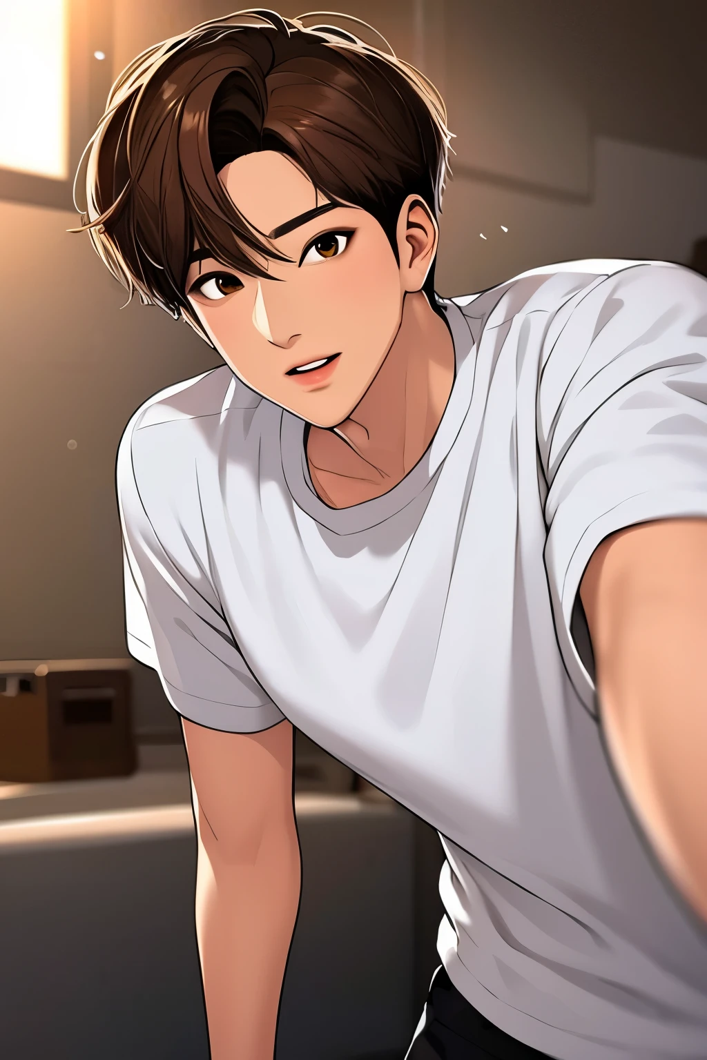 1 boy, light brown hair, brown eyes, sharp features, white skin, t-shirt 