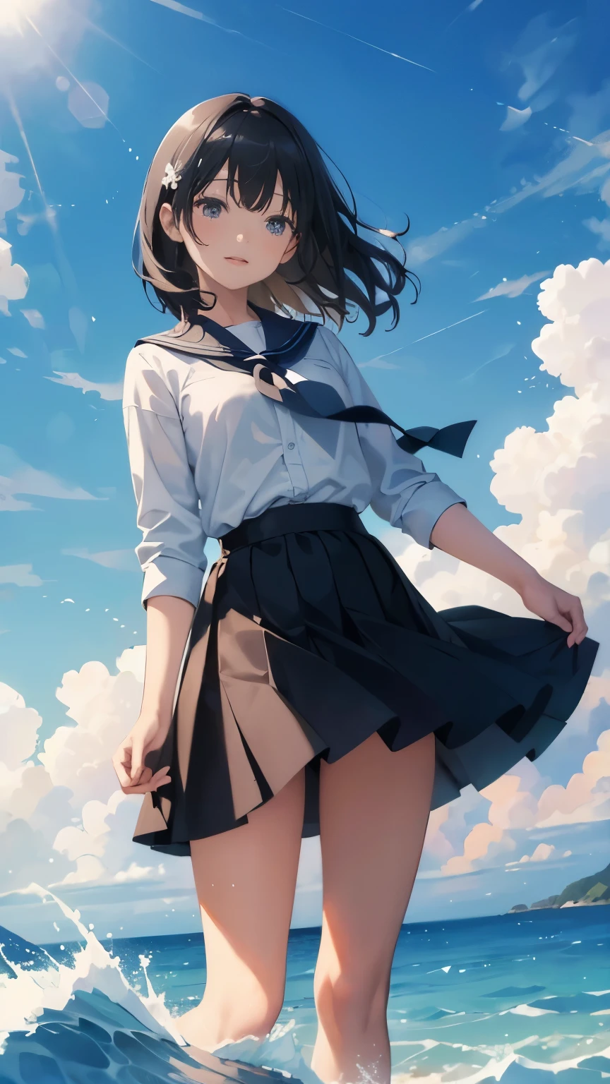 ((masterpiece)), ((best quality)), (very detailed), 
1 girl, alone, blue sky, ocean, short skirt,
((cool background:1.0)), ((very detailed 배경:1.0)), 

girl standing alone, gazing at the vast blue sky over the tranquil ocean. Her skirt is short and playful., swaying gently in the wind. The background is incredibly detailed., Clouds that look like they were drawn with a thin brush and waves sparkling in the sunlight. The colors are bright and cheerful, Capturing the essence of a clear day by the water. The scenes are so realistic that you can almost hear the sound..