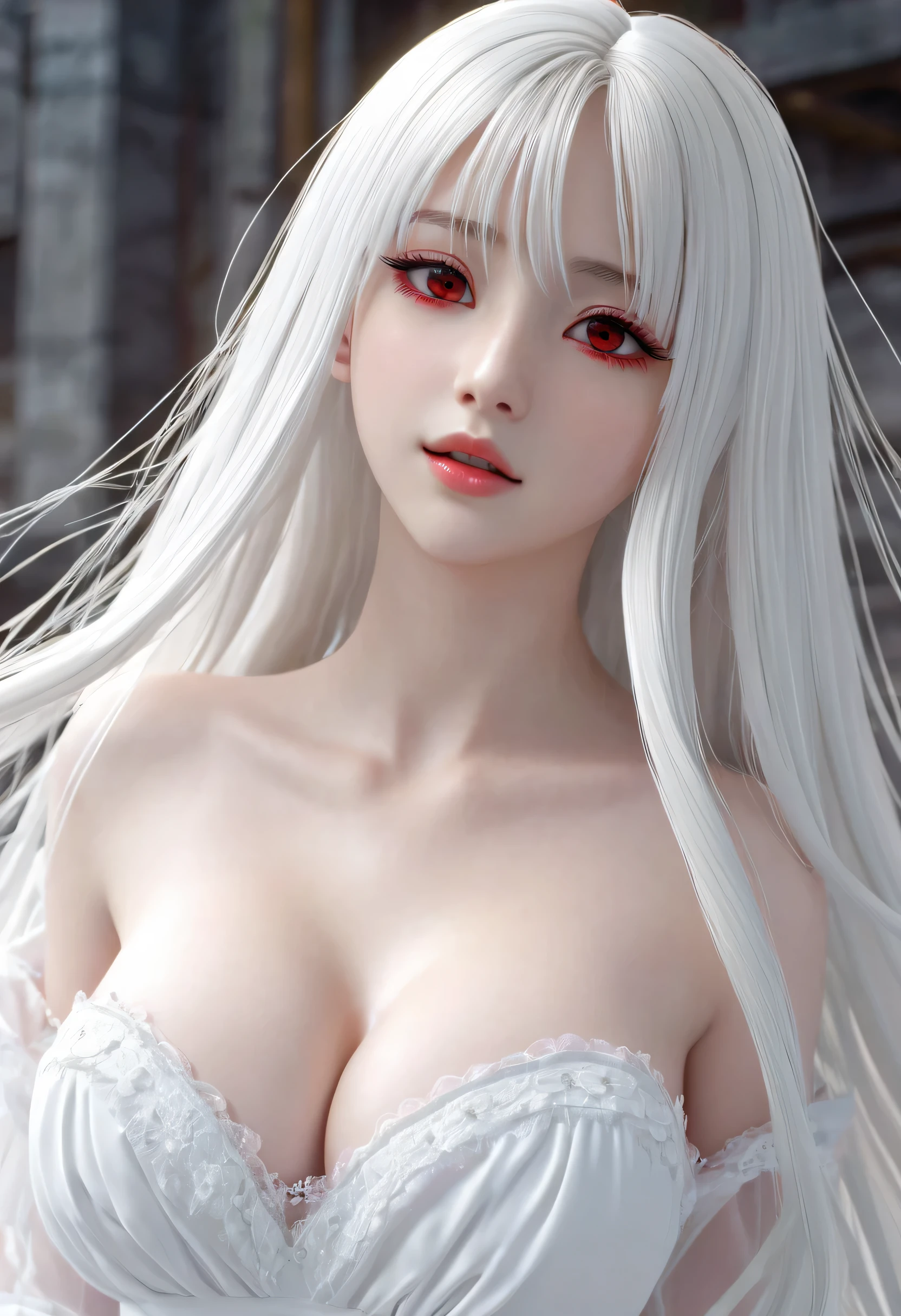 18-year-old female,Milky white long hair,Red Eyes,Long eyelashes,Unbelievably huge breasts,((3D anime style)),Fleeting,Eyes downcast,A revealing white dress,Look at the bottom left,