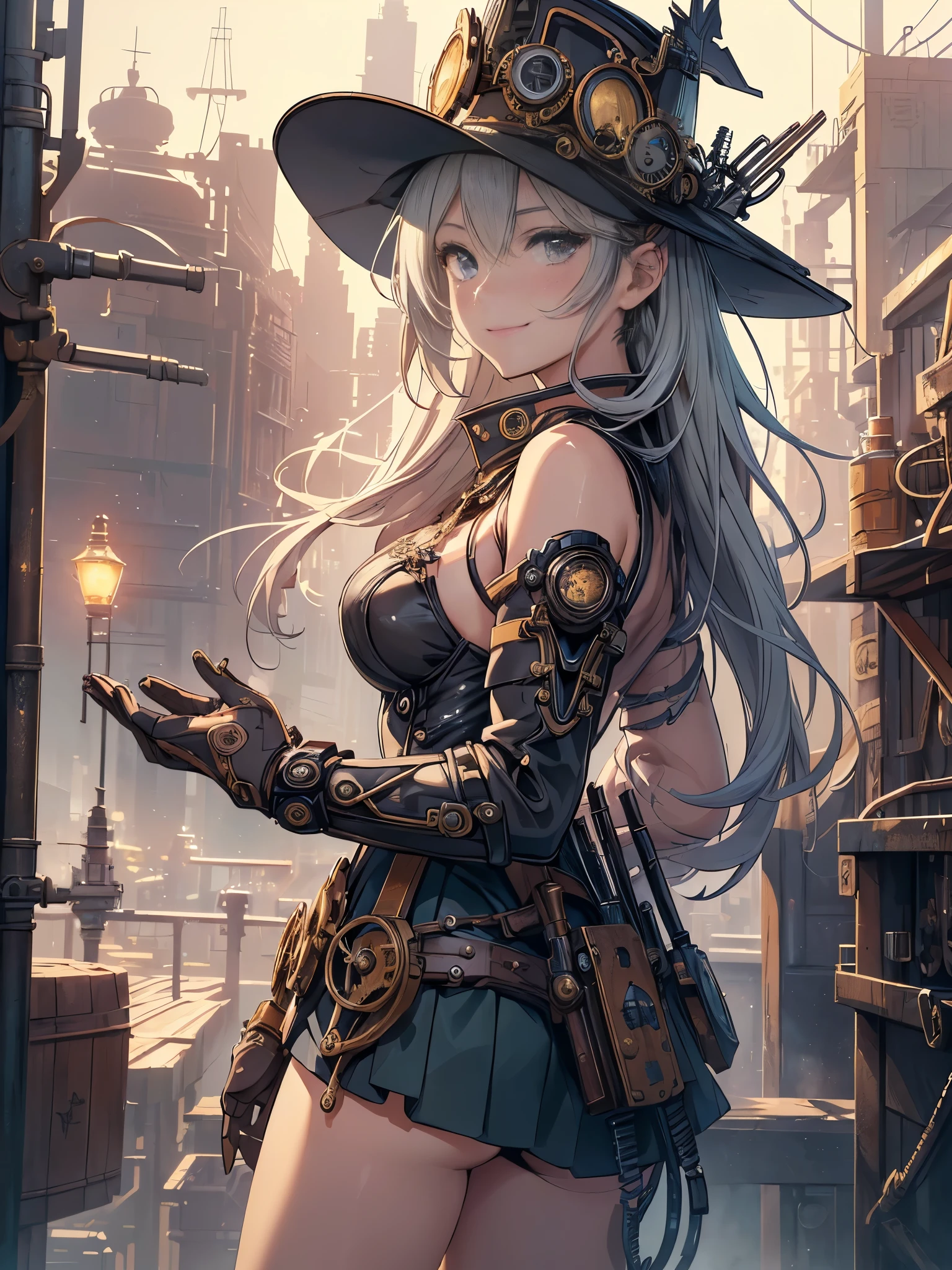 (Line art_anime),(Cowboy Shot,Low - Angle, highest quality, ),(Laura Budd Photos:1.2),(Laura Add Details:1.0),8K, Flat Color:0.8,1 girl,smile,(Highly decorative and complex mechanical steampunk fashion, lace flare dolphin hat、goggles 1.5、machinery background、Gear background、Intricately mechanized steampunk cityscape 1.5),