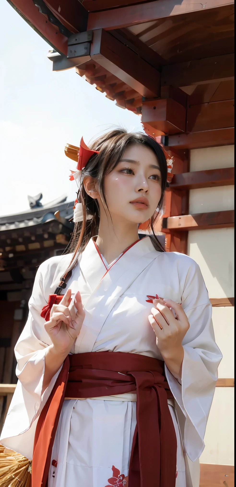 {{there is one standing woman in shrine}},masterpiece,8K,(photo realistic),realistic skin,(very long hair),blush,(shrine maiden,top is (white) yukata,bottom is (red) hakama:1.5), little smile,correct_anatomy,full body,(grabbing straw broom with both hands:1.5),sun lighting,dramatic lighting,(look up :1.5),45 angle view,35mm lens,(from below:1.4)(natural lighting),narrow eyes