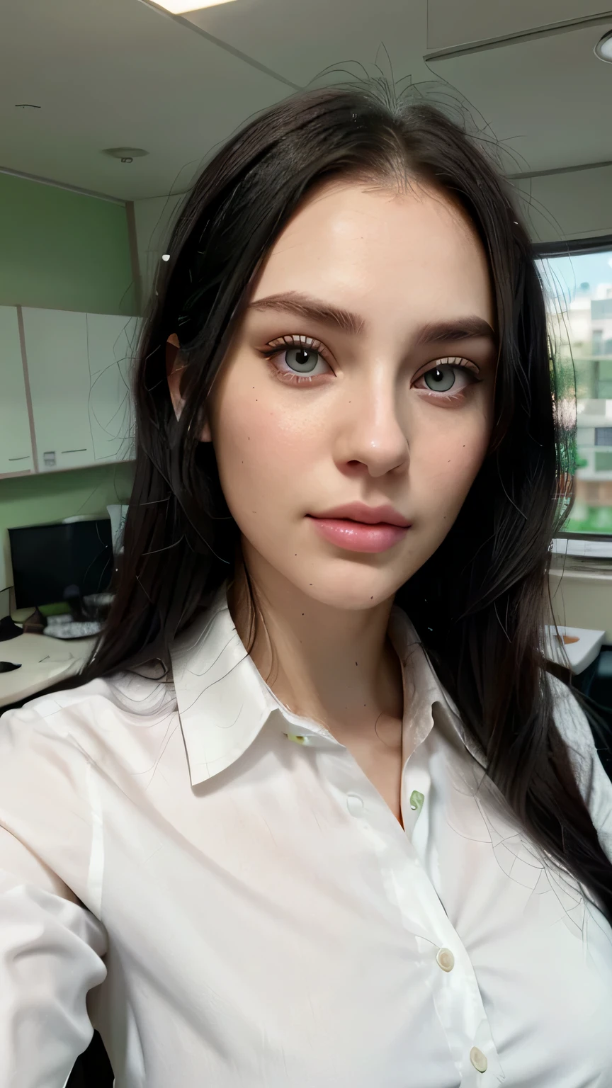 Woman with long natural black hair, (perfect skin, Hultra detailed skin, best quality), perfect face, (white Men's formal shirt), (Perfect soft green eyeballs of the same size), Natural makeup, ((traits similar to those of lana rhoades)), perfect selfie, perfect skin, closeup, In the office