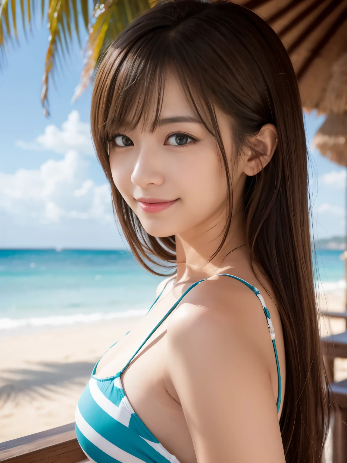 (Best Quality, 8k, 32k, Masterpiece, UHD: 1.3), Attractive Japan Woman Pictures, One Girl, Abs, Perfect Body, Ultra Detailed Face, Detailed Lips, Fine Eyes, Double Eyelids, seductive smile, (Sarong-pass), beach, light brown hair, asymmetrical hair, asymmetrical bangs, messy hair, random pose, random angle, fun feeling, happy feeling, funny feeling,