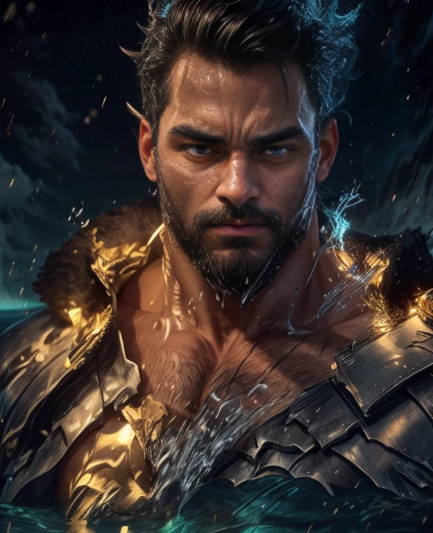 obra de arte, melhor qualidade, high resolution, retrato em close, macho focus, foco apenas, muscular, corpulento, peludo, macho, um homem, em um mar, with half the body submerged in water, behind a starry sky with a moon in the center, amazing composition, vista frontal, HDR, volumetric lighting, ultra qualidade, elegante, altamente detalhado