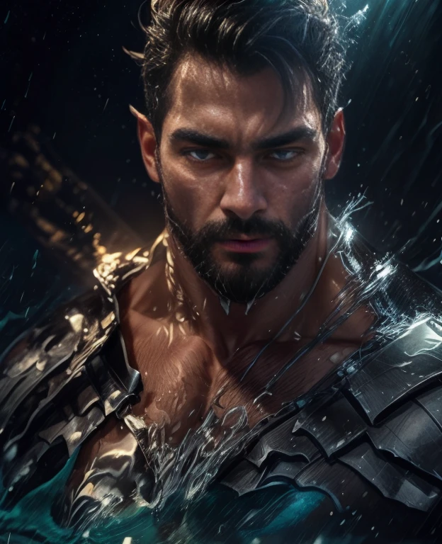 obra de arte, melhor qualidade, high resolution, retrato em close, macho focus, foco apenas, muscular, corpulento, peludo, macho, um homem, em um mar, with half the body submerged in water, behind a starry sky with a moon in the center, amazing composition, vista frontal, HDR, volumetric lighting, ultra qualidade, elegante, altamente detalhado