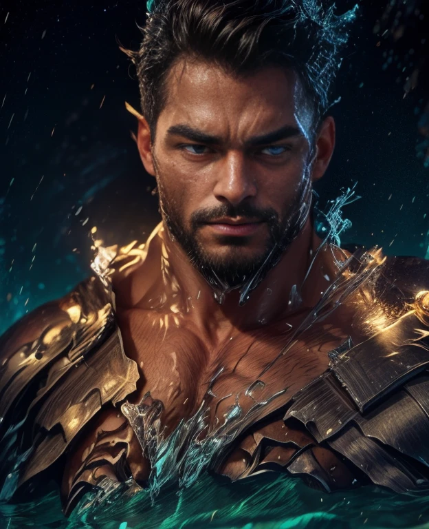 obra de arte, melhor qualidade, high resolution, retrato em close, macho focus, foco apenas, muscular, corpulento, peludo, macho, um homem, em um mar, with half the body submerged in water, behind a starry sky with a moon in the center, amazing composition, vista frontal, HDR, volumetric lighting, ultra qualidade, elegante, altamente detalhado