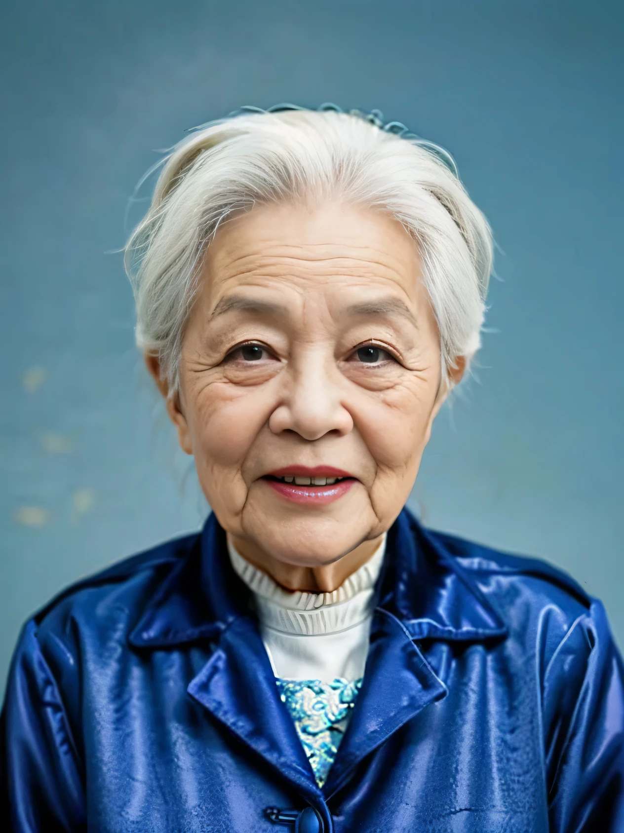 Highly realistic photo, ((masterpiece), (best quality), (raw photo), (photorealistic:1.4), Portrait of Vietnamese old woman, (90 years old), ((white hair)), ((wearing blue velvet vest)), ((Solid blue background)) , photo taken by Sony A7IV
