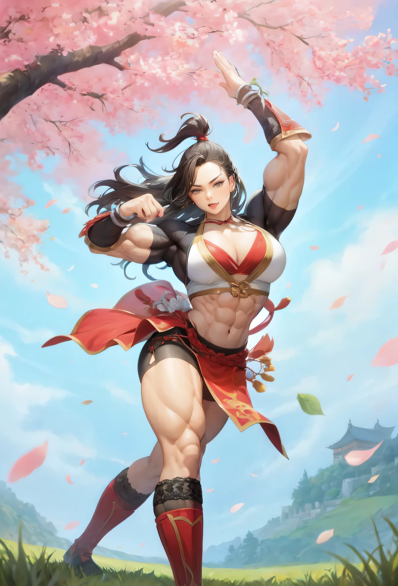 ,girl,beautiful face, muscular female, alternate muscle size,black hair,red hanfu,muscular thighs,spring,muscular ,biceps,black lace trim legwear,abs