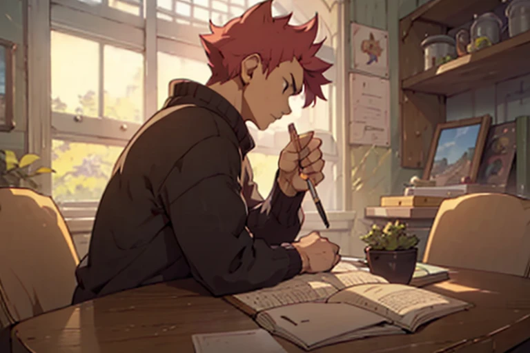 (best quality,4k,highres,masterpiece:1.2), ultra-detailed, muscular buff fit V shaped body Natsu Dragneel sitting and studying on a study table, ((side view)), writing in a notebook looking down serious. The environment is like ((studio ghibli)), ((lofi)) look. Indoors with a window visible. Outside the window, farms and sky is visible. Cottage interior, 