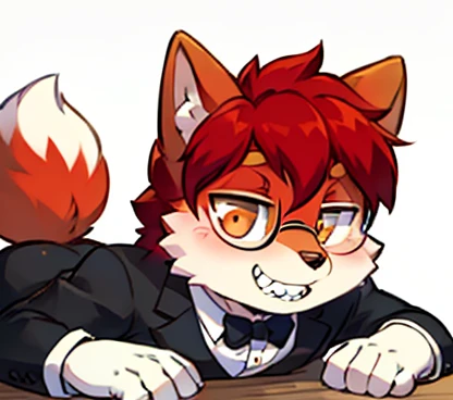 wear glasses,masterpiece, high quality, H, number \(artwork\), Thick cut dessert, Yes,Seizan,Red hair all over, male wolf,short hair,portrait, Bright Eyes,The eyes are gray，White belly，The tip of the tail is white，White palms and soles，Palm White，Meatballs Pink,character focus.(Detailed background:0.7),Solitary,hairy,hairy male ,Male focus,Hana Charcoal,(Body hair, hairy尾巴, red fur,),Long canine teeth，，Background café，Butler clothes，Gentleman&#39;s appearance