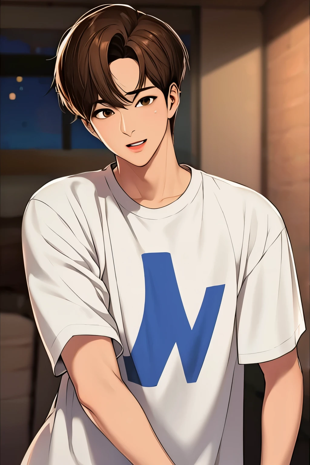 1 boy, light brown hair, brown eyes, sharp features, white skin, t-shirt 